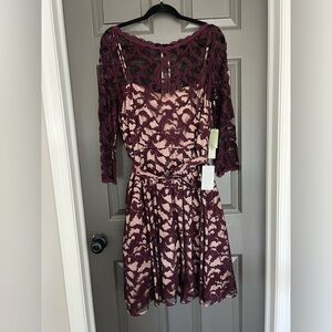 Eliza J Wine/Dark Purple Nude Lace Sheer Fit Flare Belted Dress
